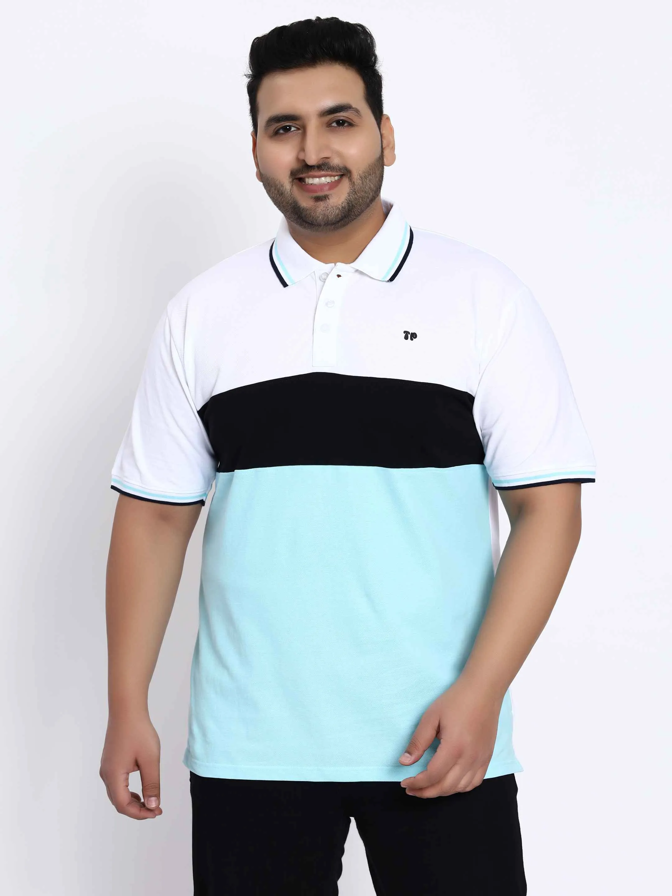 Sky Blue Triple Striped Plus Size Polo T-shirt