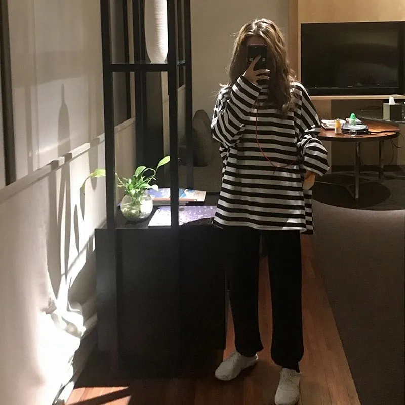 spring Autumn Women harajuku Striped Tshirt Long Sleeve O-Neck T-Shirts