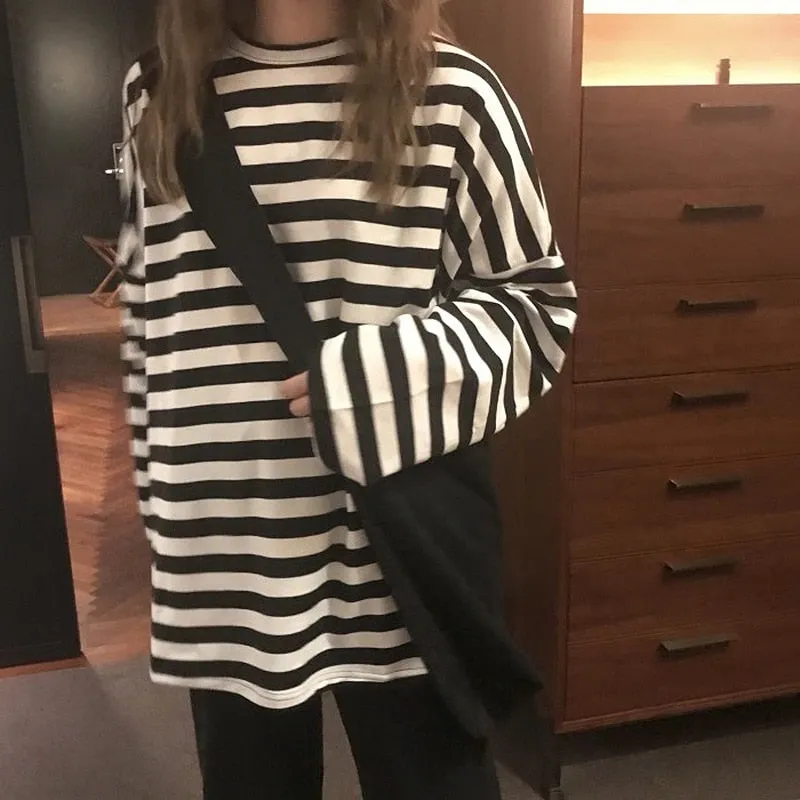 spring Autumn Women harajuku Striped Tshirt Long Sleeve O-Neck T-Shirts