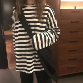 spring Autumn Women harajuku Striped Tshirt Long Sleeve O-Neck T-Shirts