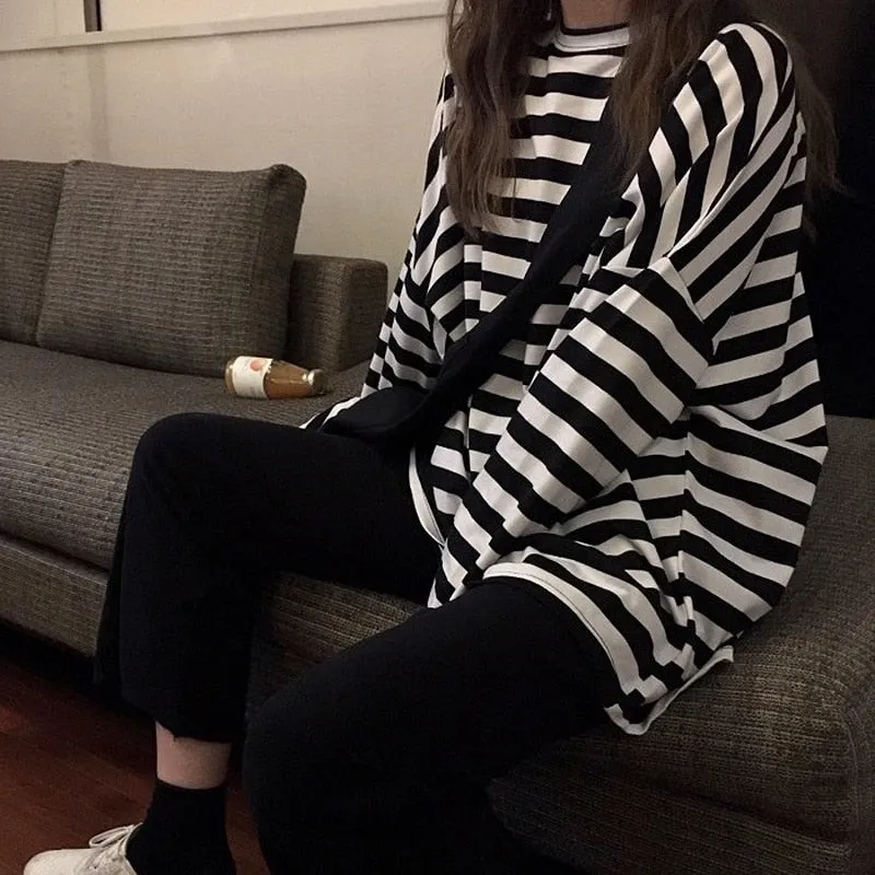 spring Autumn Women harajuku Striped Tshirt Long Sleeve O-Neck T-Shirts