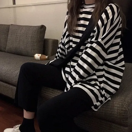 spring Autumn Women harajuku Striped Tshirt Long Sleeve O-Neck T-Shirts