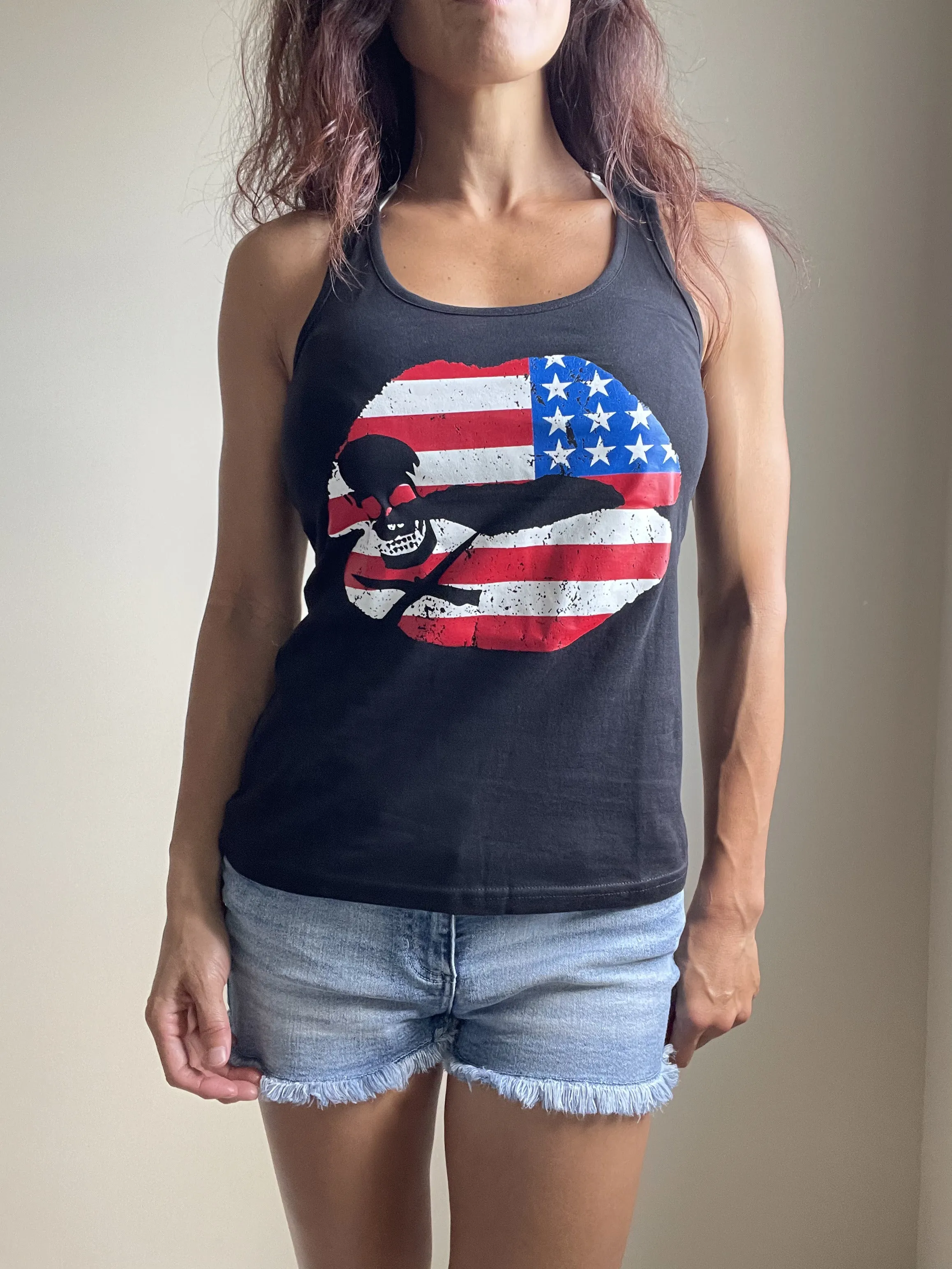USA Flag Kiss Lips and Skull Black Racerback Tank Top