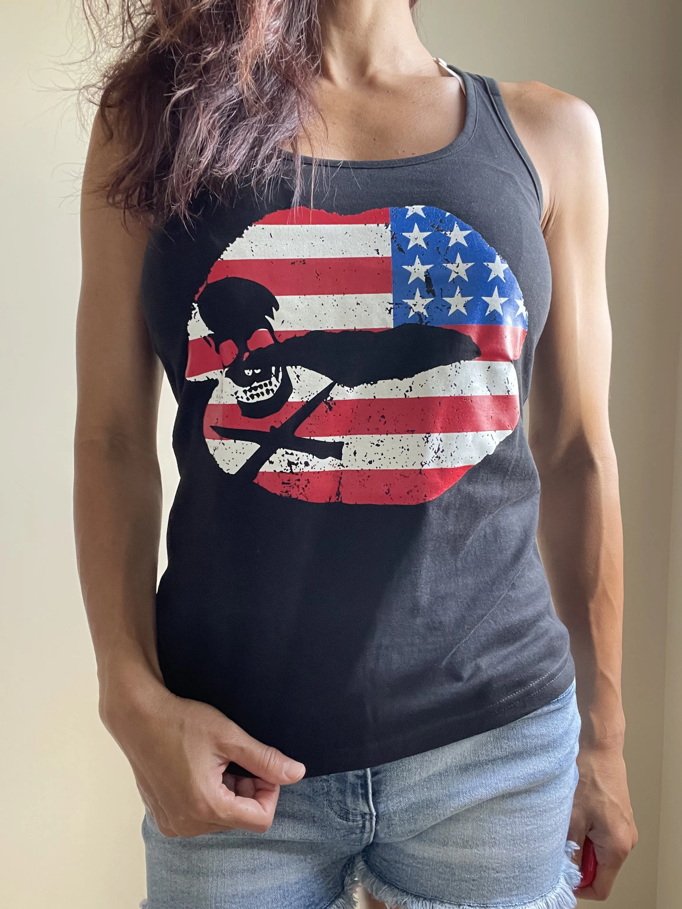 USA Flag Kiss Lips and Skull Black Racerback Tank Top